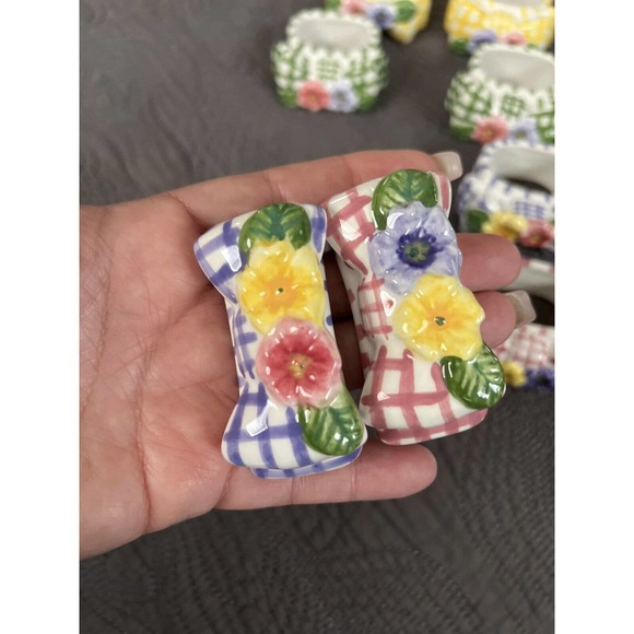 Set Of 8 Ceramic Floral Napkin Rings Bow Plaid By Lady Jayne NWOT - Picture 3 of 6